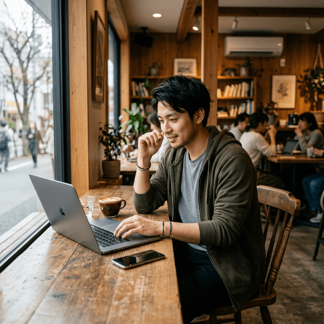 カフェでJoeを使いながら英語を勉強する若い男性