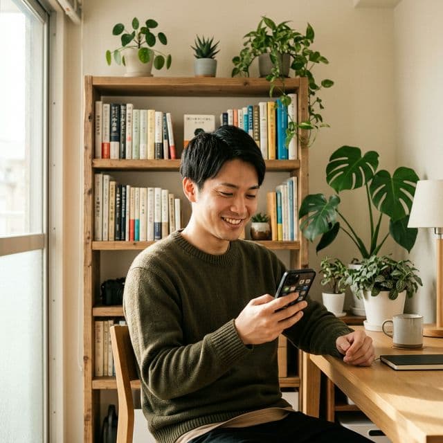 自室でJoeアプリを使い日記と英語を習慣化する若い男性