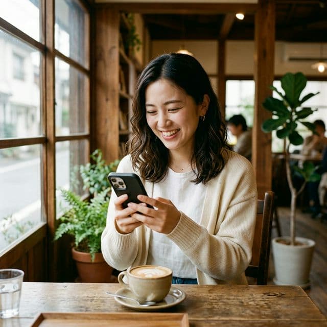 カフェでJoeアプリを使い英語を習慣化する若い女性