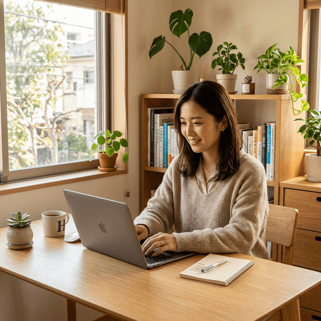 Joeを使いながら英作文を練習する若い女性