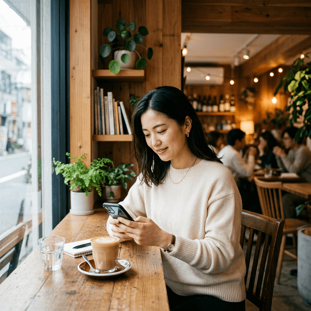 カフェでスマホを使い日記を書きながら英語を学ぶ若い女性